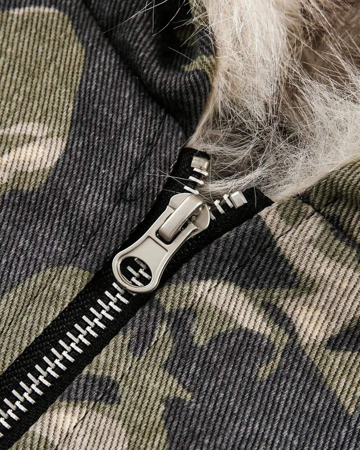 Inflation camo faux fur padded hooded jacket with quilted design and front zipper, stylish streetwear outerwear for cold weather.