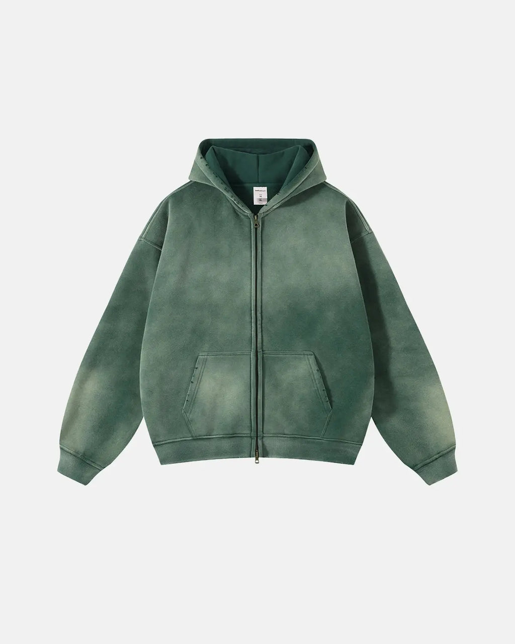 Acid washed zip-up hoodie by INFLATION streetwear, featuring a casual fit and distressed fabric for a trendy urban look.