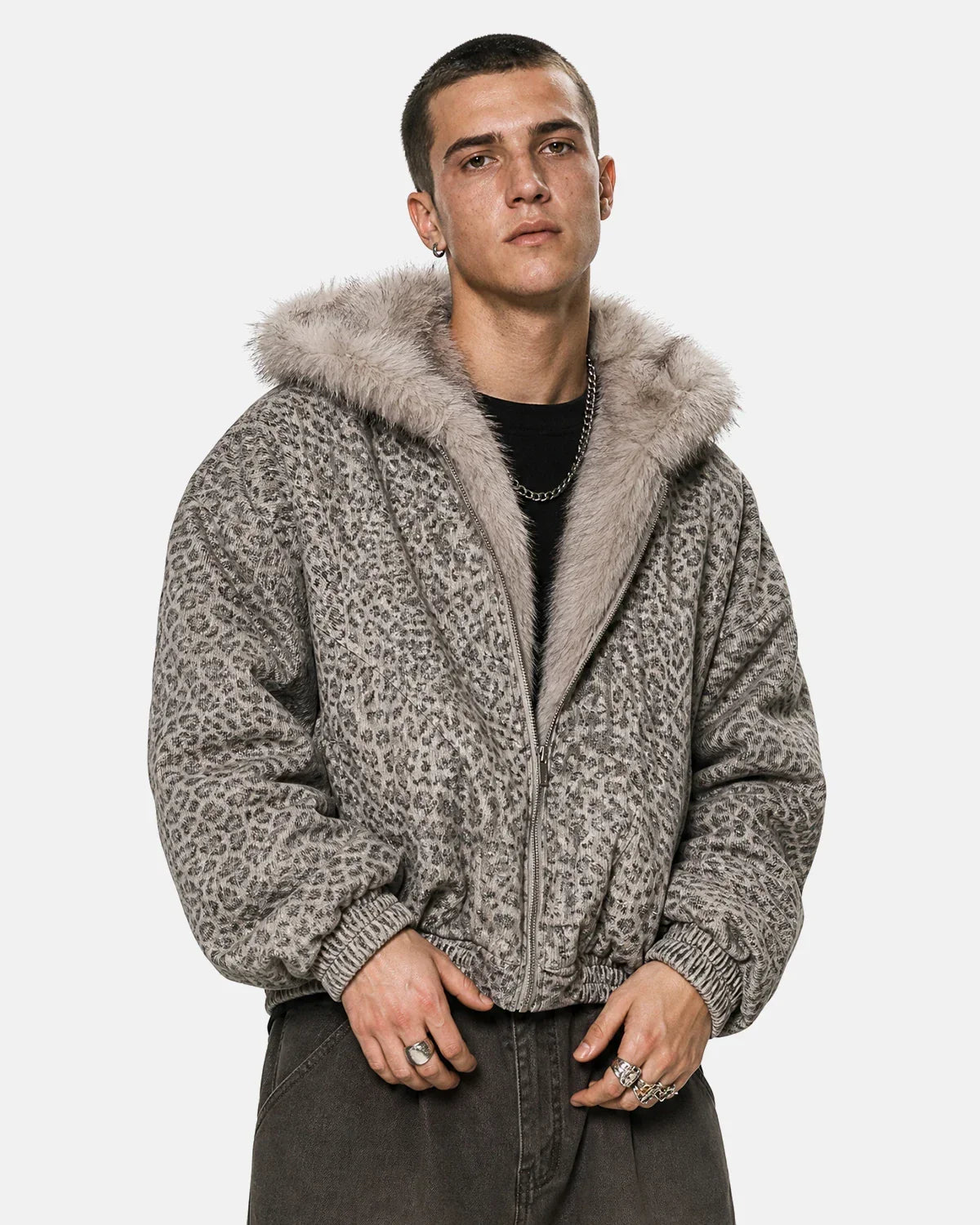 Leopard faux fur-lined bomber jacket by INFLATION with a stylish streetwear design and animal print details.