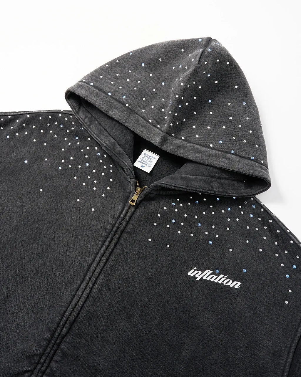 Distressed washed rhinestone zip-up hoodie by INFLATION Streetwear, featuring a casual fit with rhinestone embellishments and a front zipper.