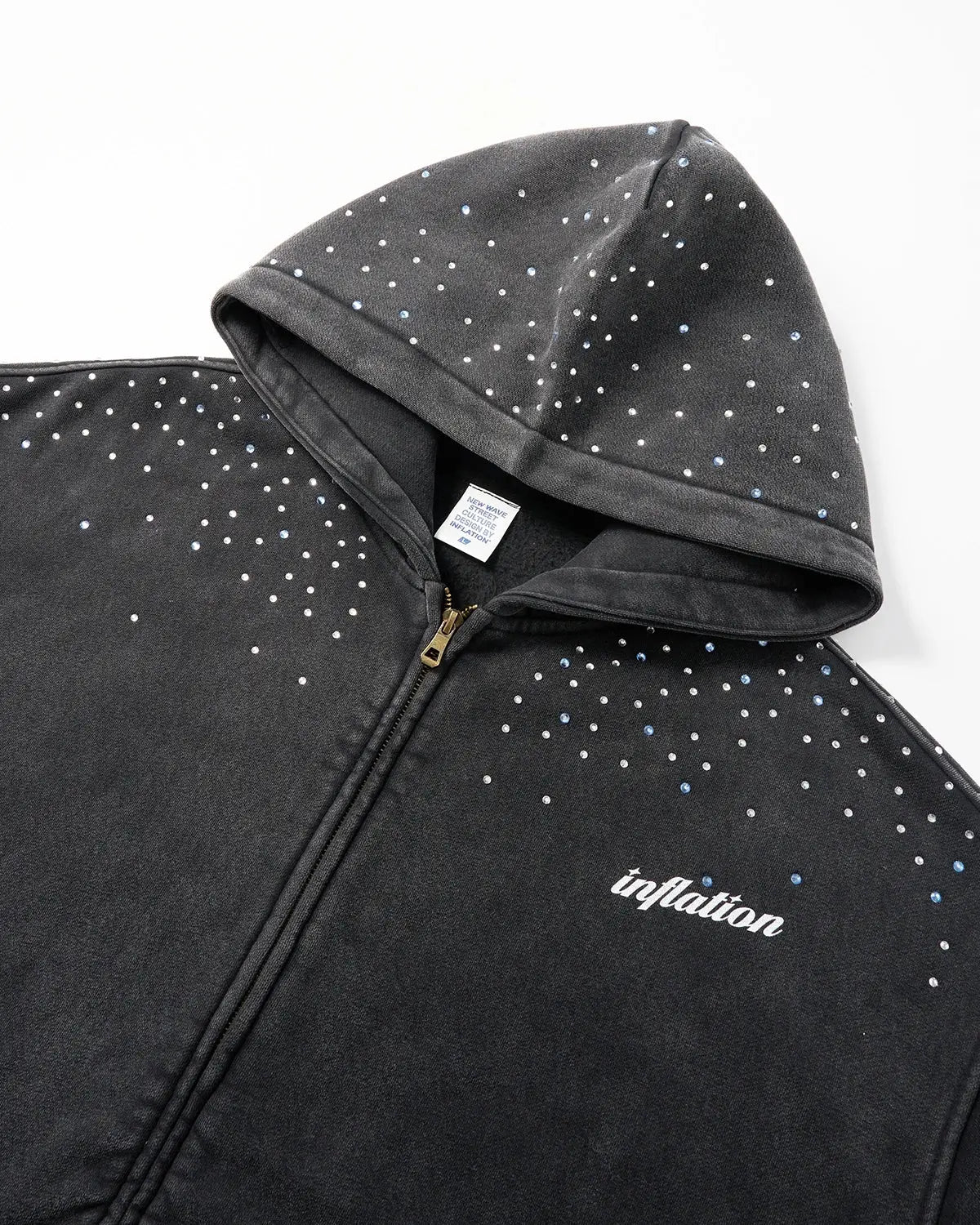 Distressed washed rhinestone zip-up hoodie by INFLATION Streetwear, featuring a casual fit with rhinestone embellishments and a front zipper.