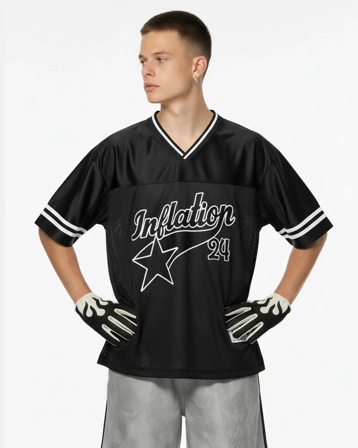 Inflation Streetwear mesh patchwork printing jersey featuring vibrant patchwork design and lightweight, breathable fabric.