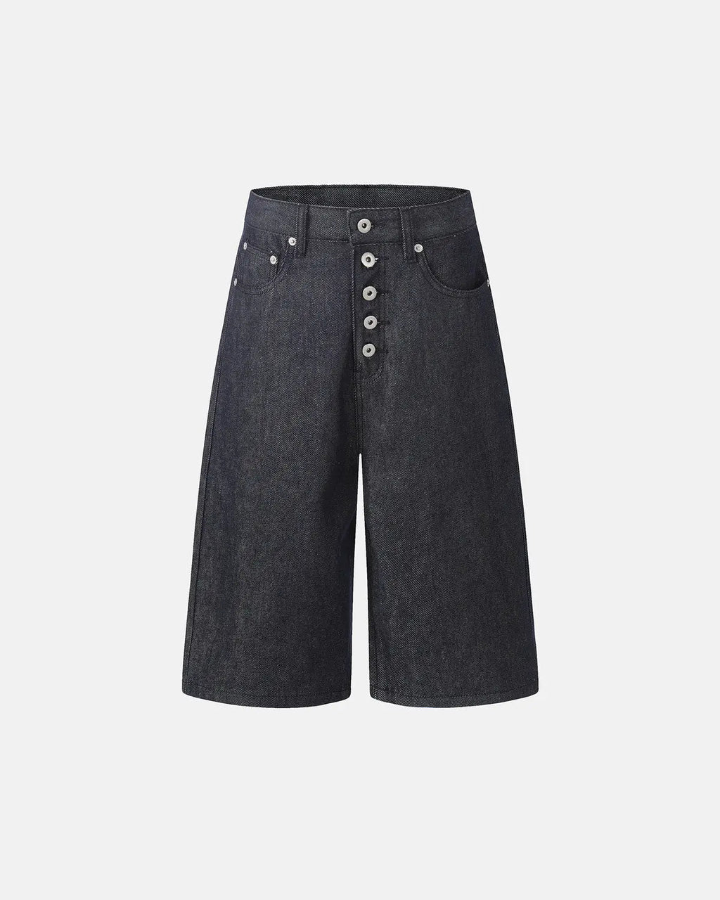 Inflation Streetwear button detail baggy denim jorts, casual denim pants with button accents and relaxed fit for street style.