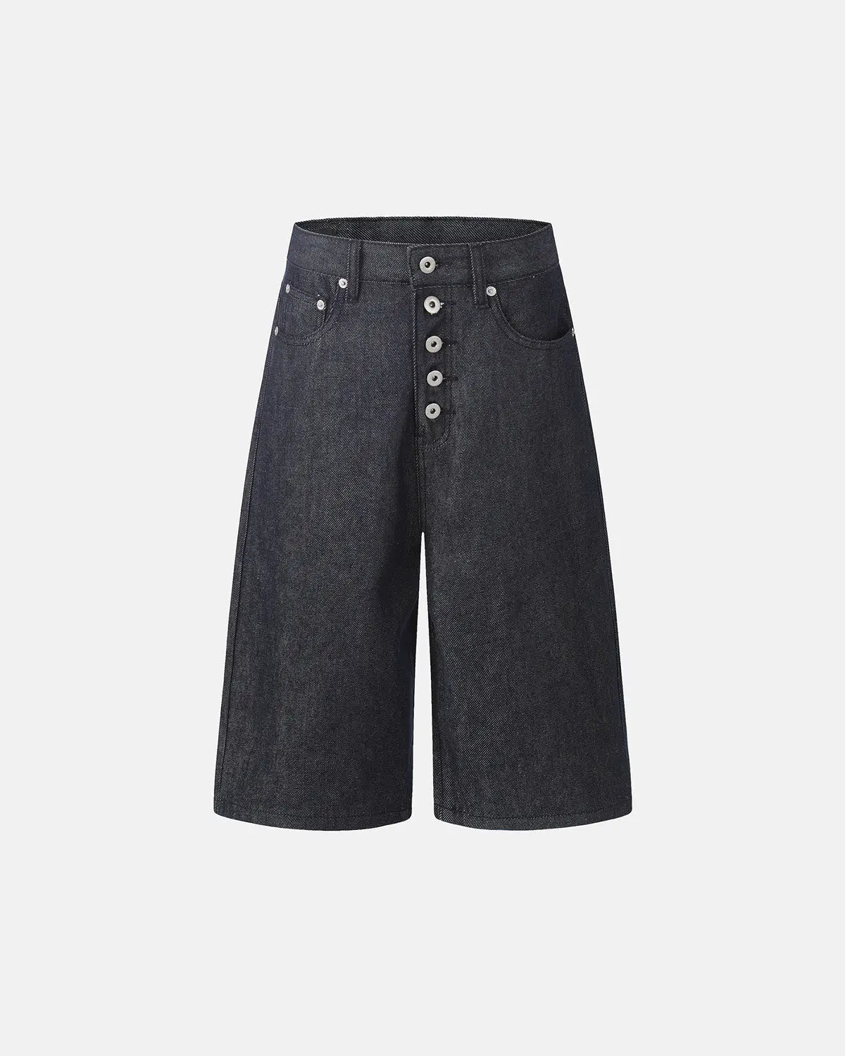 Inflation Streetwear button detail baggy denim jorts, casual denim pants with button accents and relaxed fit for street style.