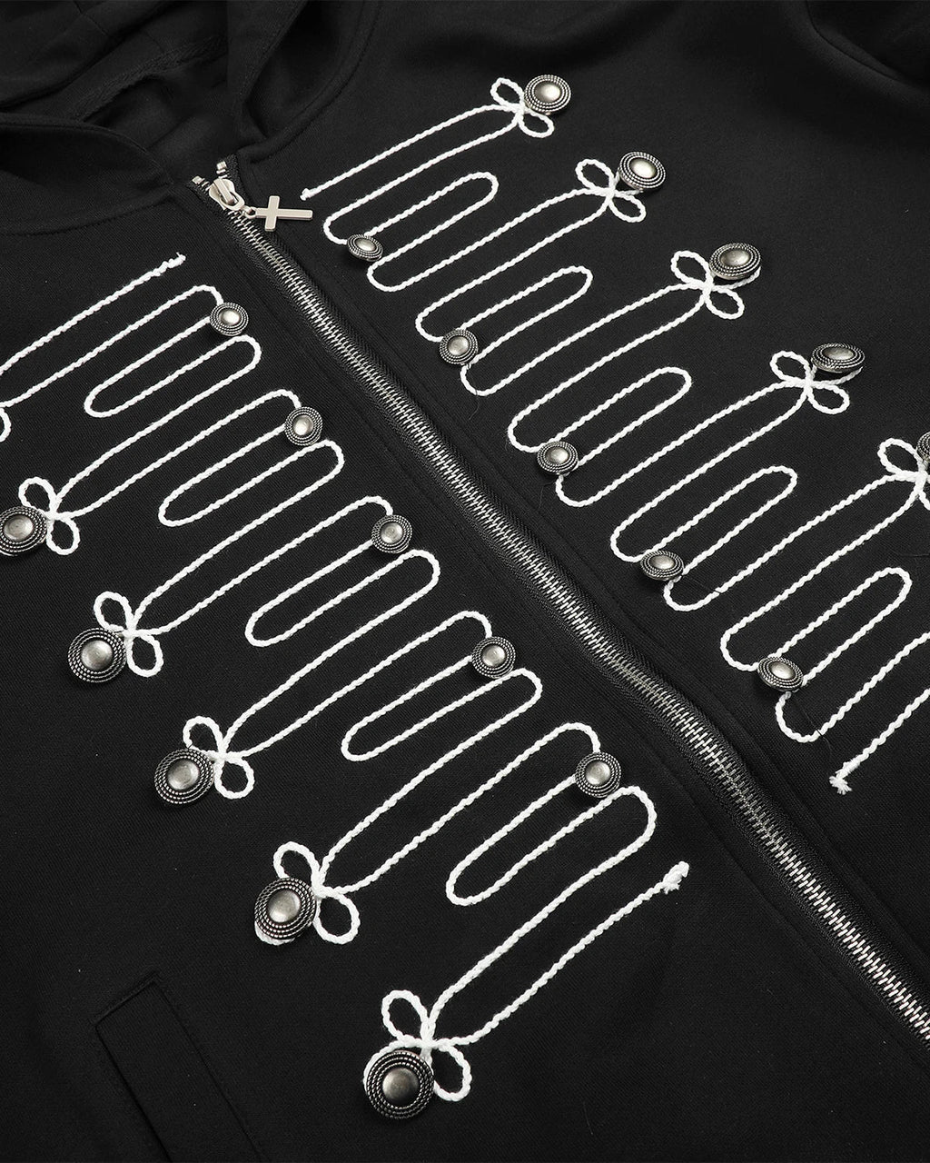 Inflation Streetwear braided embroidery boxy zip-up hoodie, casual fit, featuring detailed braided embroidery on the front and a front zipper