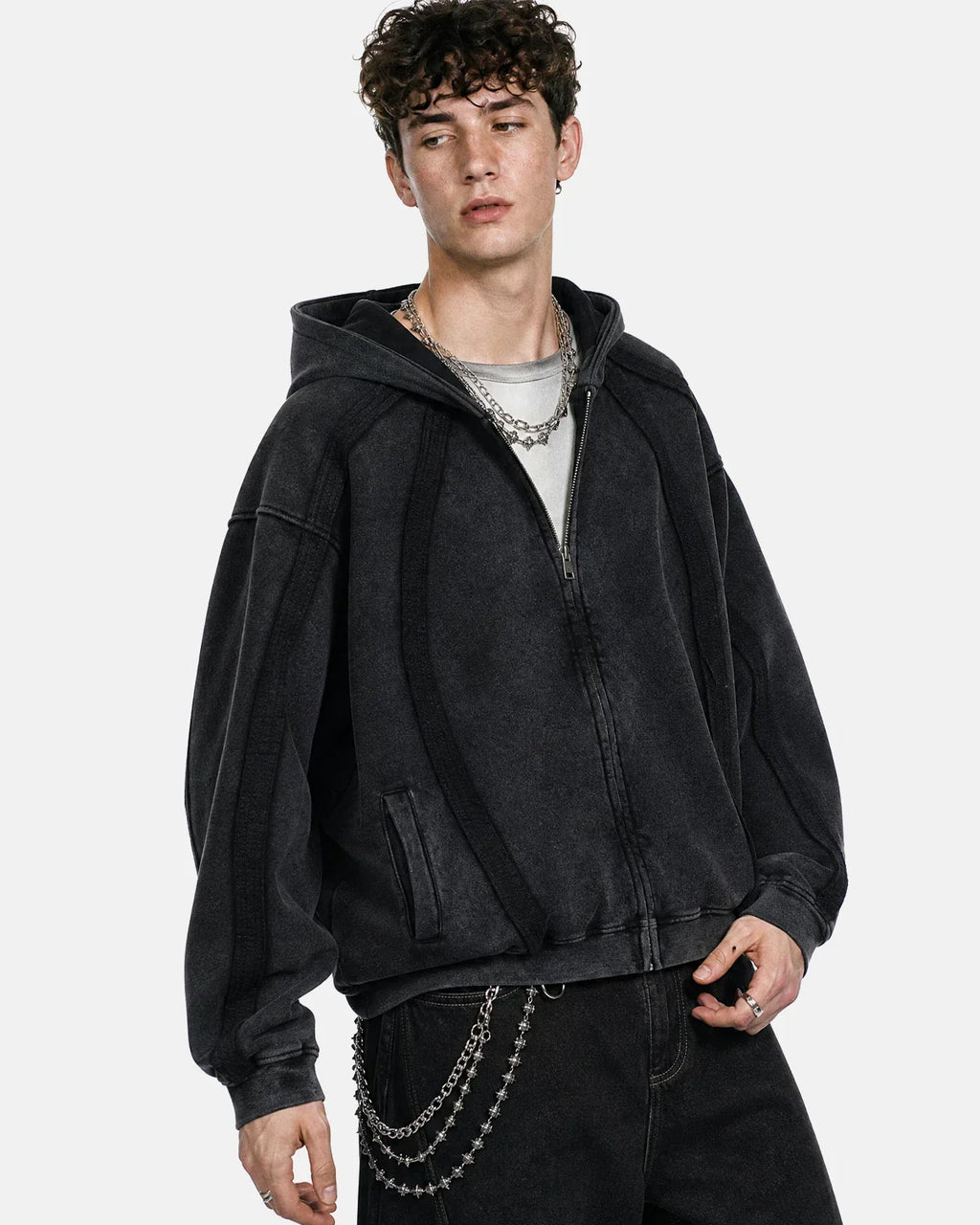 Snow Washed Raw Edge Boxy Zip Up Hoodie by INFLATION, featuring a raw edge design and casual fit, shown on a model.