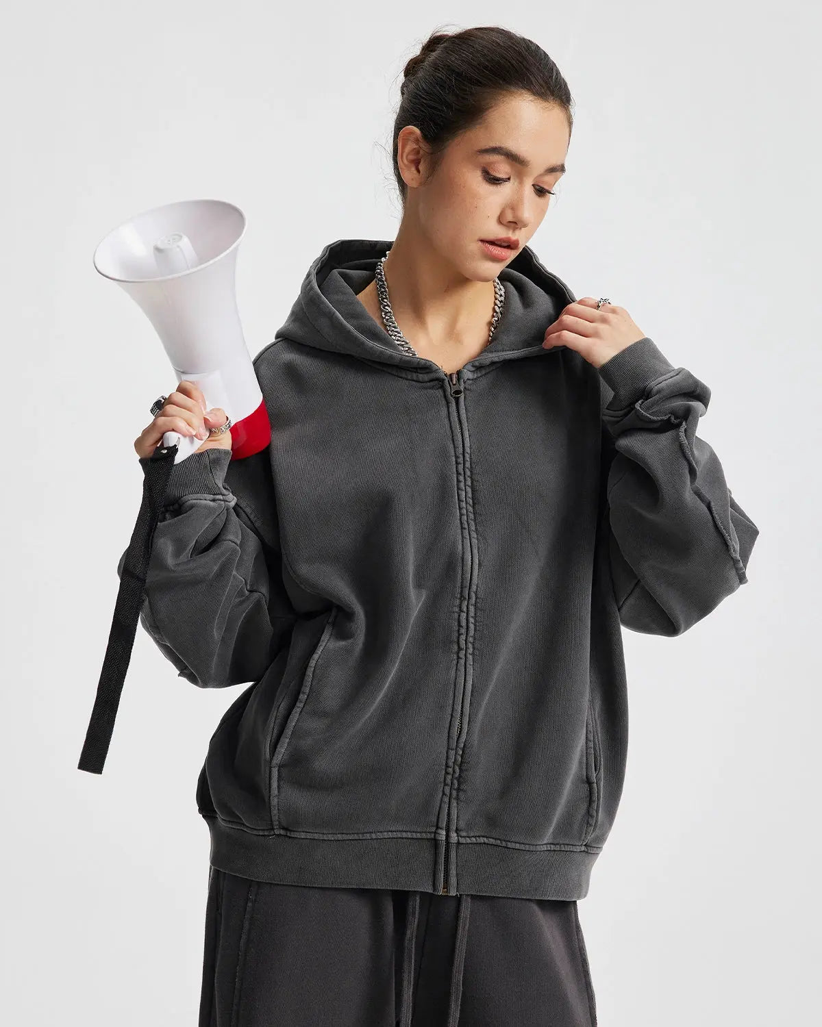 Inflation brand acid wash zip-up hoodie with stitching details, casual streetwear style, shown in light wash denim fabric.