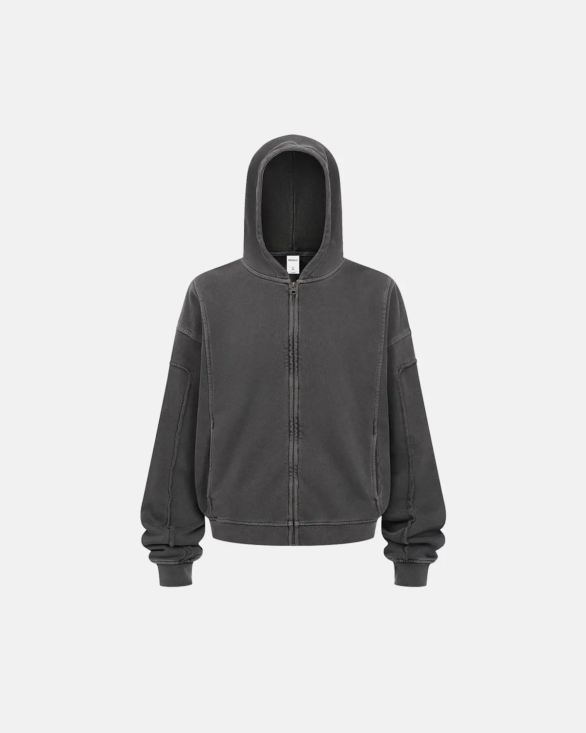 Inflation Streetwear acid wash zip-up hoodie with stitching details, featuring a hood, zipper front, and casual streetwear style.