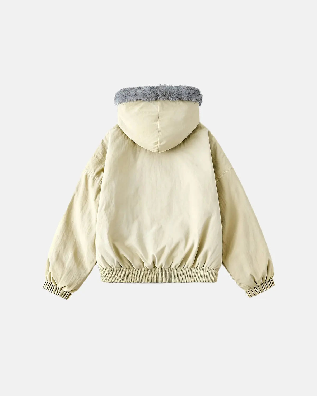 Inflation Streetwear faux fur lined padded bomber jacket with quilted design and ribbed cuffs, front zipper closure, and oversized fit.