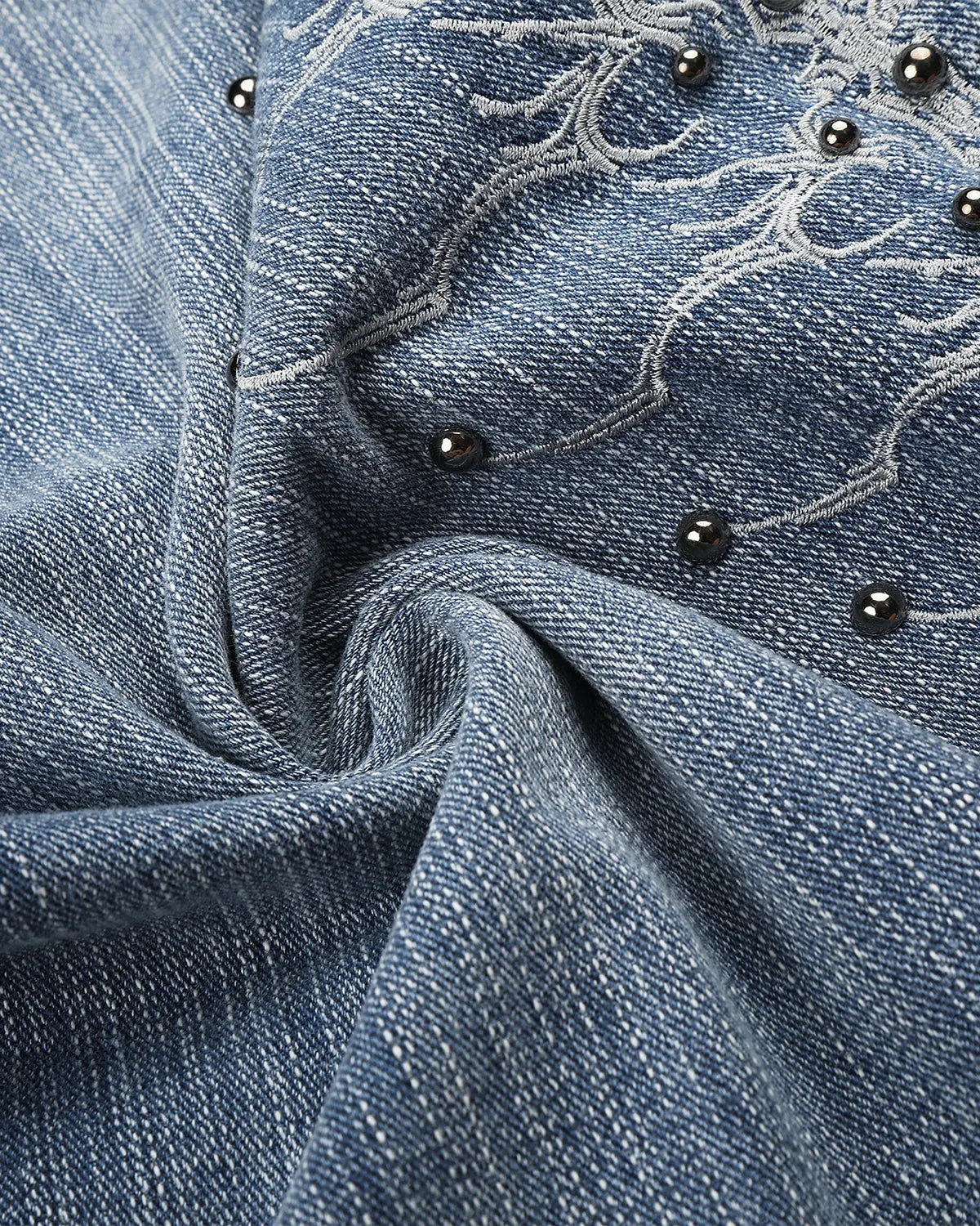 Inflation Studded Bamboo Weave Jorts, stylish denim pants with metal stud embellishments and bamboo-inspired texture, casual streetwear.