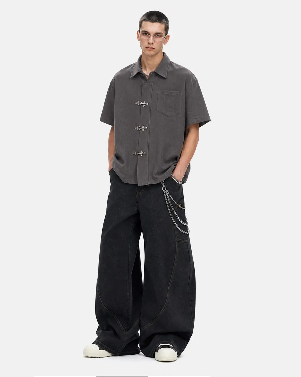Inflation Streetwear metal clasp waffle shirt featuring a textured fabric and metallic clasp detail, casual streetwear style.