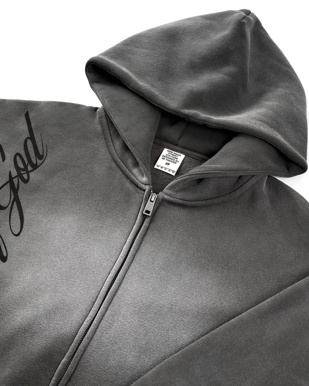 Inflation streetwear acid wash zip-up hoodie with a relaxed fit, featuring a front zipper and casual street style design.