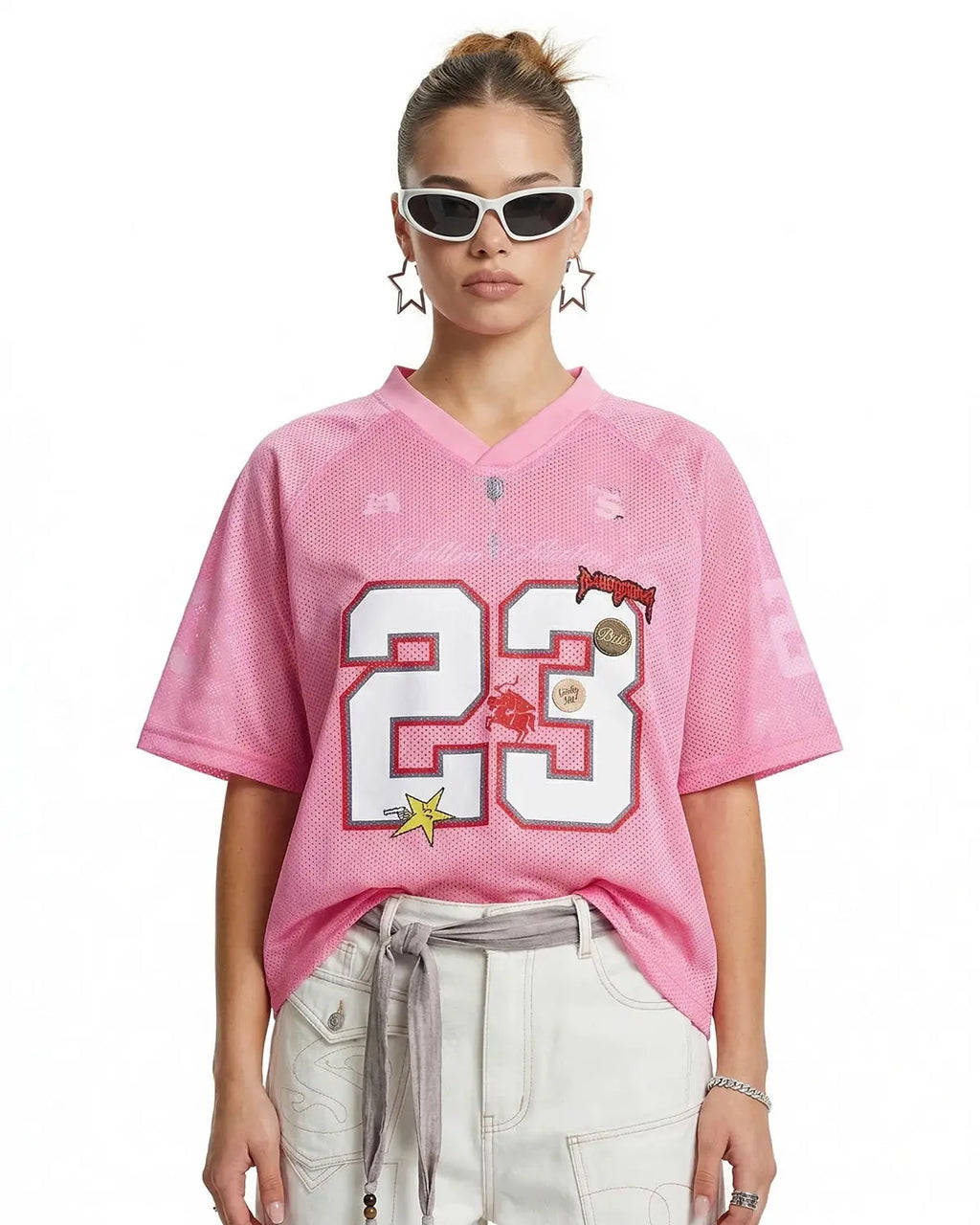 Pink mesh jersey T-shirt from INFLATION's Number 23 streetwear collection, featuring a lightweight, breathable fabric.