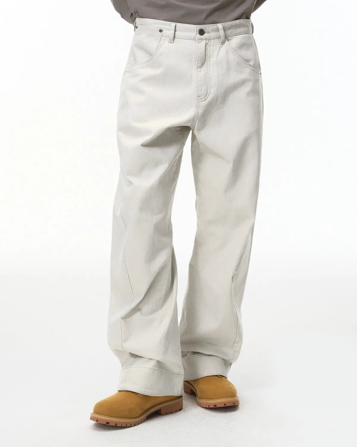 Inflation Stitching Flare Baggy Jeans with distressed details and high-waisted fit, stylish streetwear denim for a casual look.