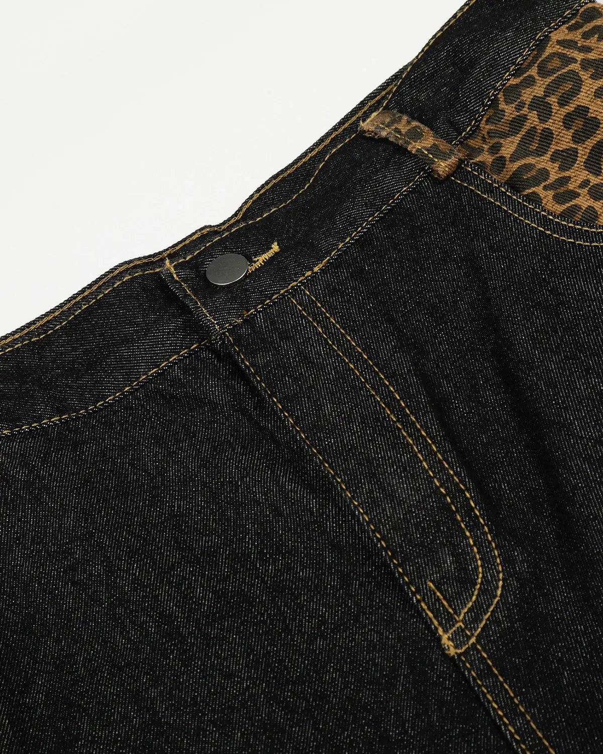 Leopard patchwork embroidery baggy jeans by Inflation Streetwear featuring relaxed fit and bold animal print details.