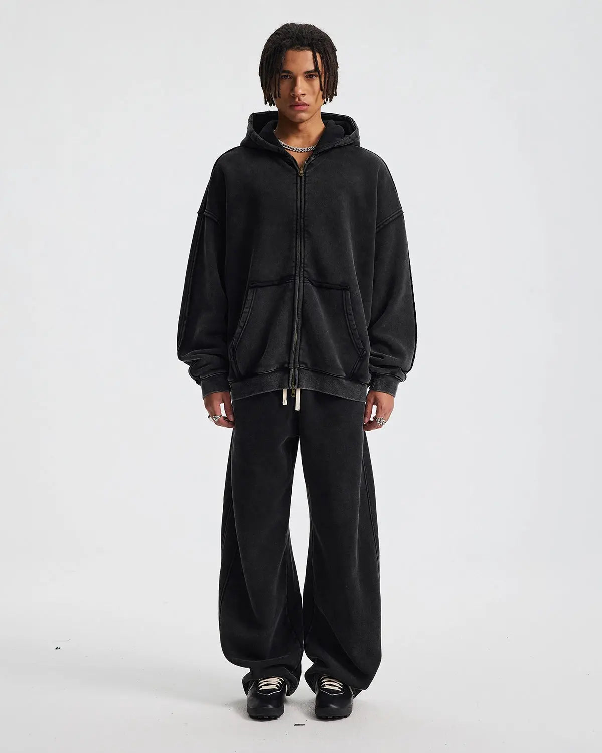 Inflation streetwear distressed acid wash double zip hoodie, showing front view with zippers and textured fabric details.
