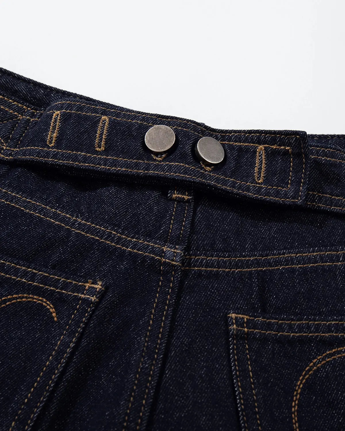 Inflation brand cinch back baggy denim jorts, casual pants with relaxed fit and distressed denim, front view.