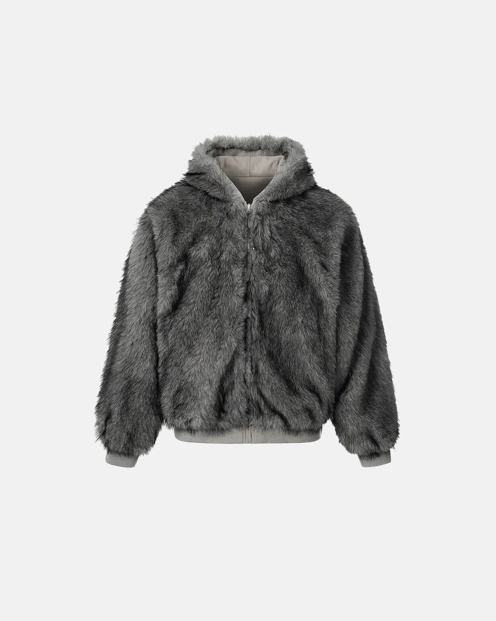 Reversible faux fur hooded jacket by INFLATION, featuring plush fur on one side and sleek fabric on the other, displayed on a hanger.