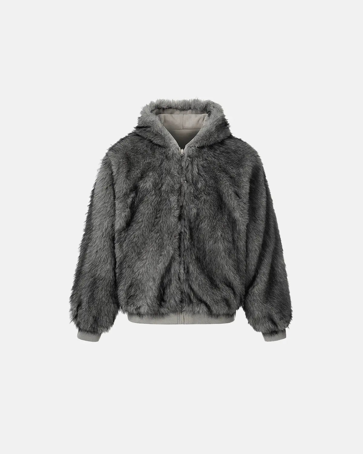 Reversible faux fur hooded jacket by INFLATION, featuring plush fur on one side and sleek fabric on the other, displayed on a hanger.