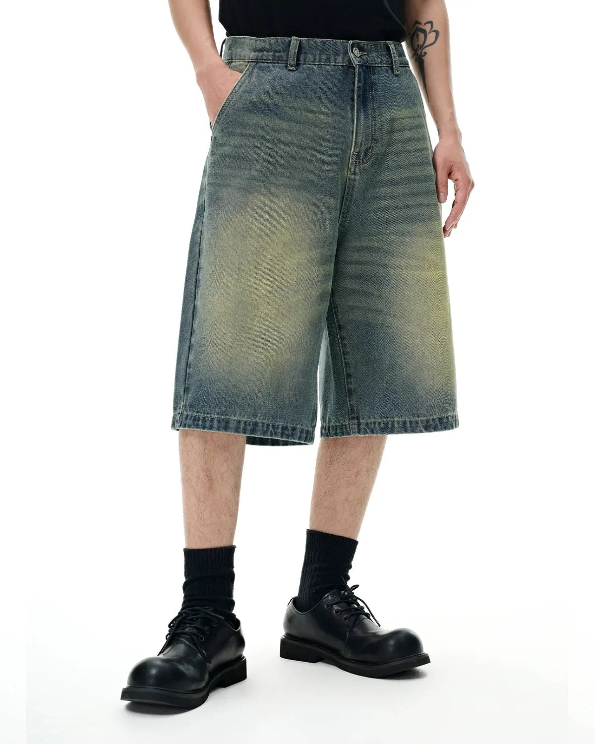 Retro washed denim shorts, INFLATION streetwear jorts with distressed details and faded denim, casual summer fashion.