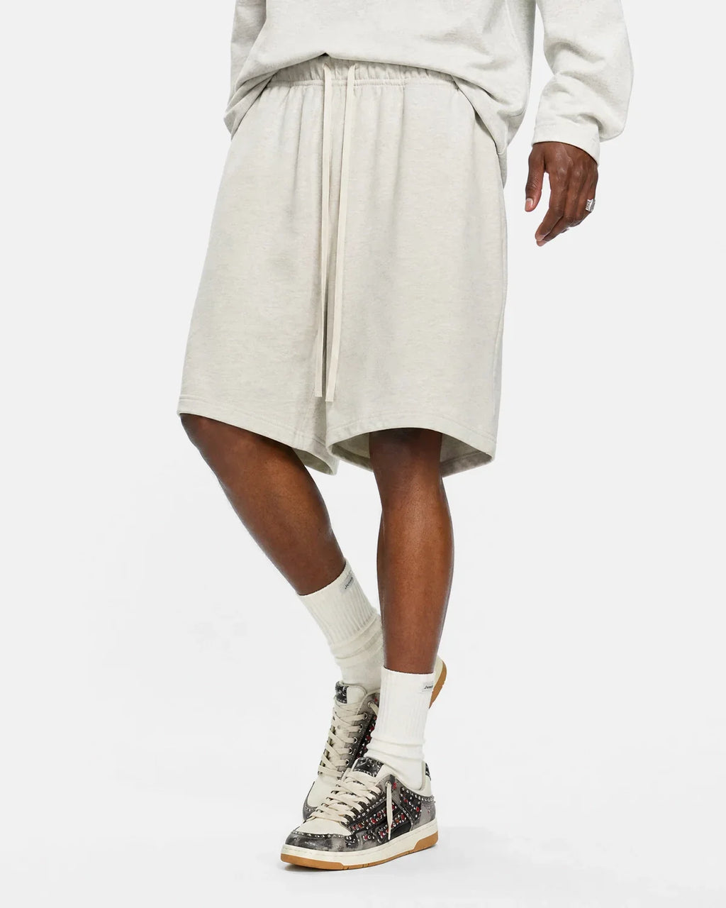 Inflation Heavyweight Drawstring Sweat Shorts with adjustable waistband and relaxed fit, shown in black fabric.