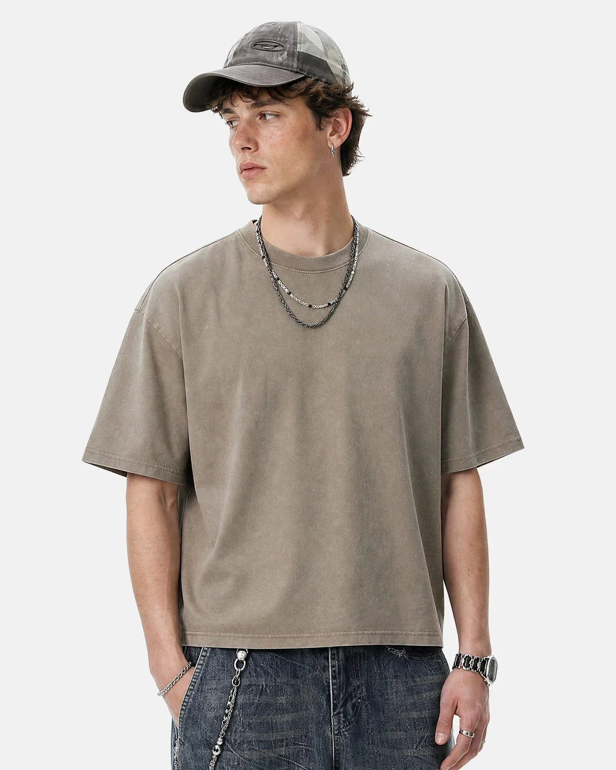 Inflation Snow Washed Heavyweight Boxy T-Shirt in neutral color, featuring relaxed fit and minimal branding, casual streetwear style.