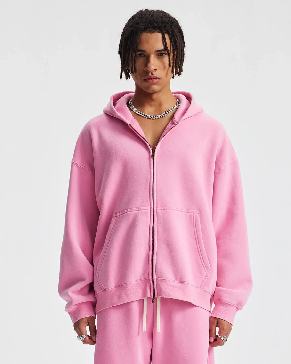 Inflation Streetwear boxy fit acid washed fleece zip-up hoodie with front pockets and adjustable drawstrings.