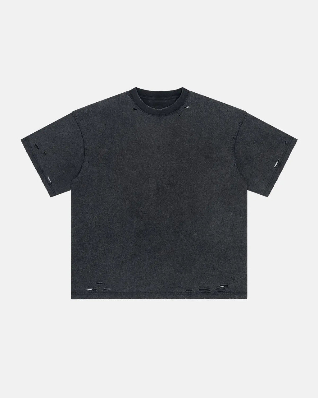 Inflation streetwear ripped distressed washed oversized T-shirt with frayed holes and faded fabric, casual urban style.