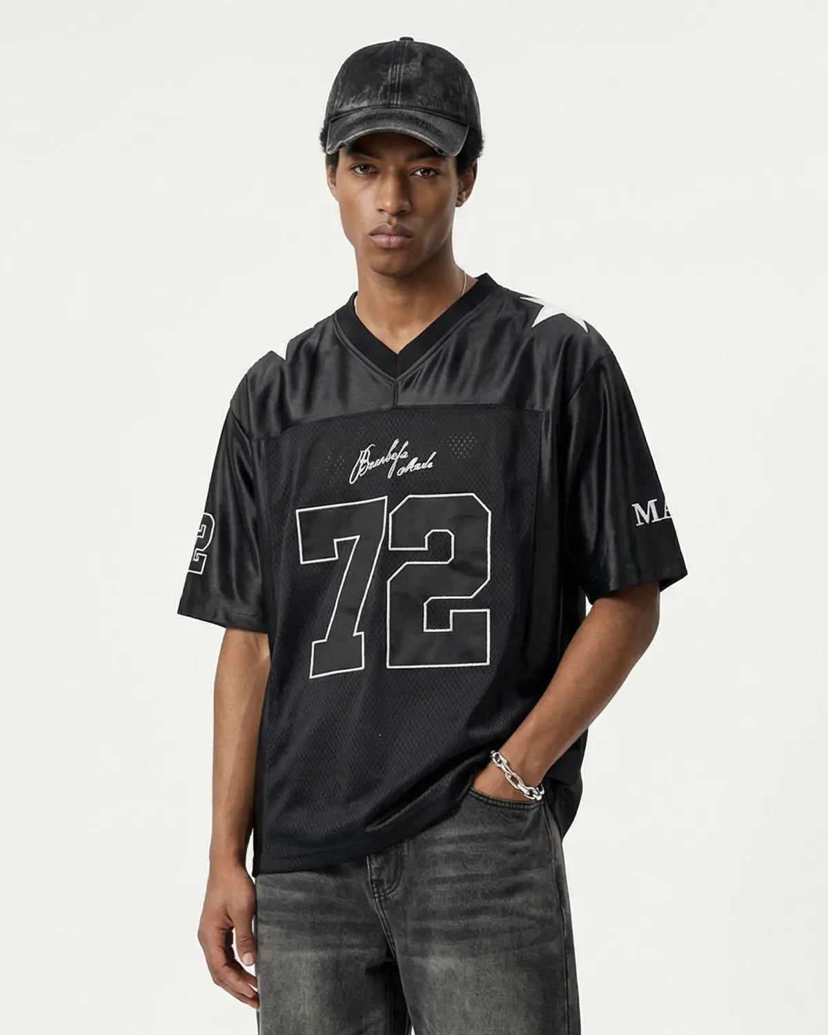 Vintage 72 mesh football jersey by INFLATION, featuring classic design and breathable fabric, suitable for streetwear and athletic use.