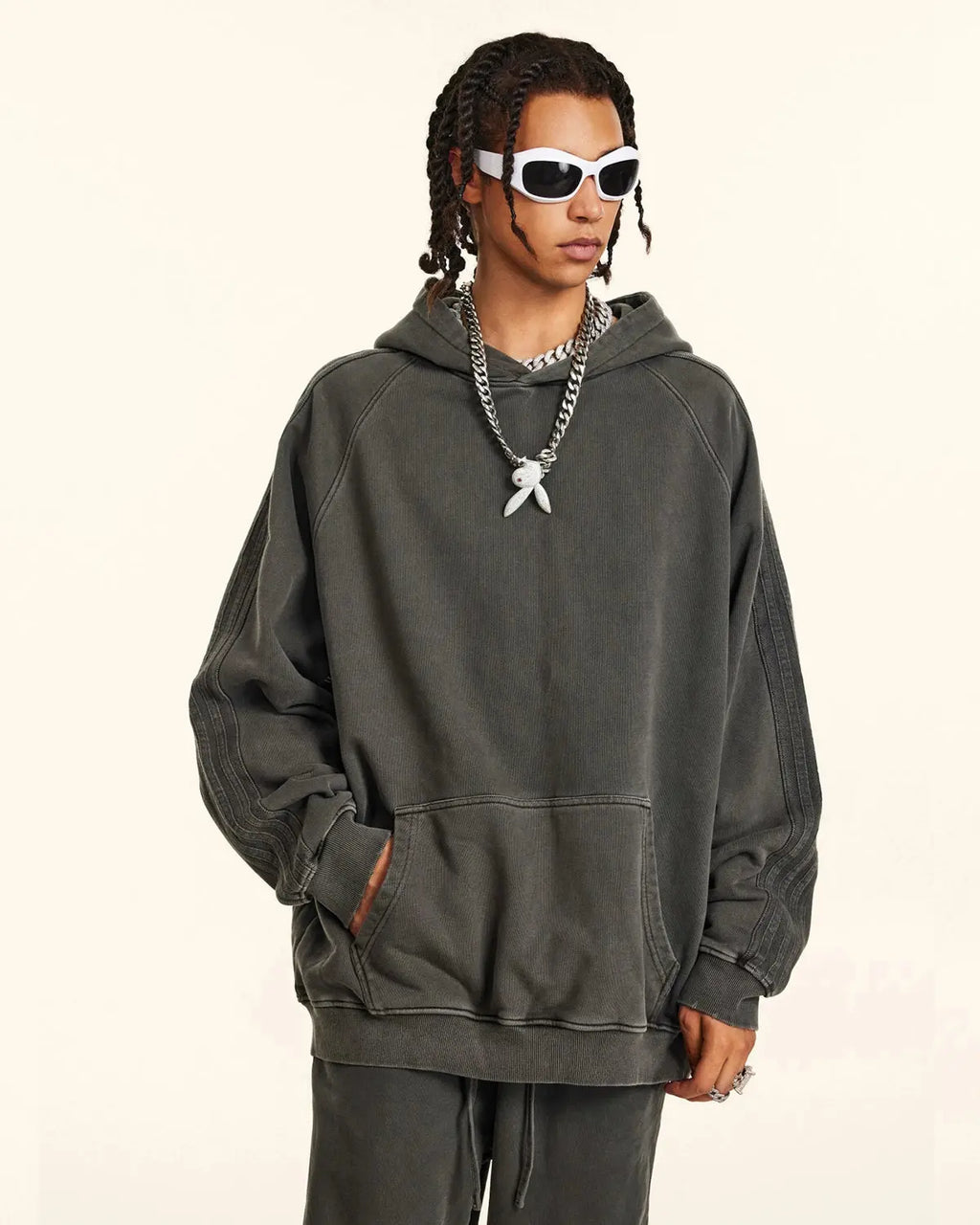 Inflation Streetwear frayed seam acid wash hoodie with distressed details and relaxed fit, showcasing casual streetwear style.