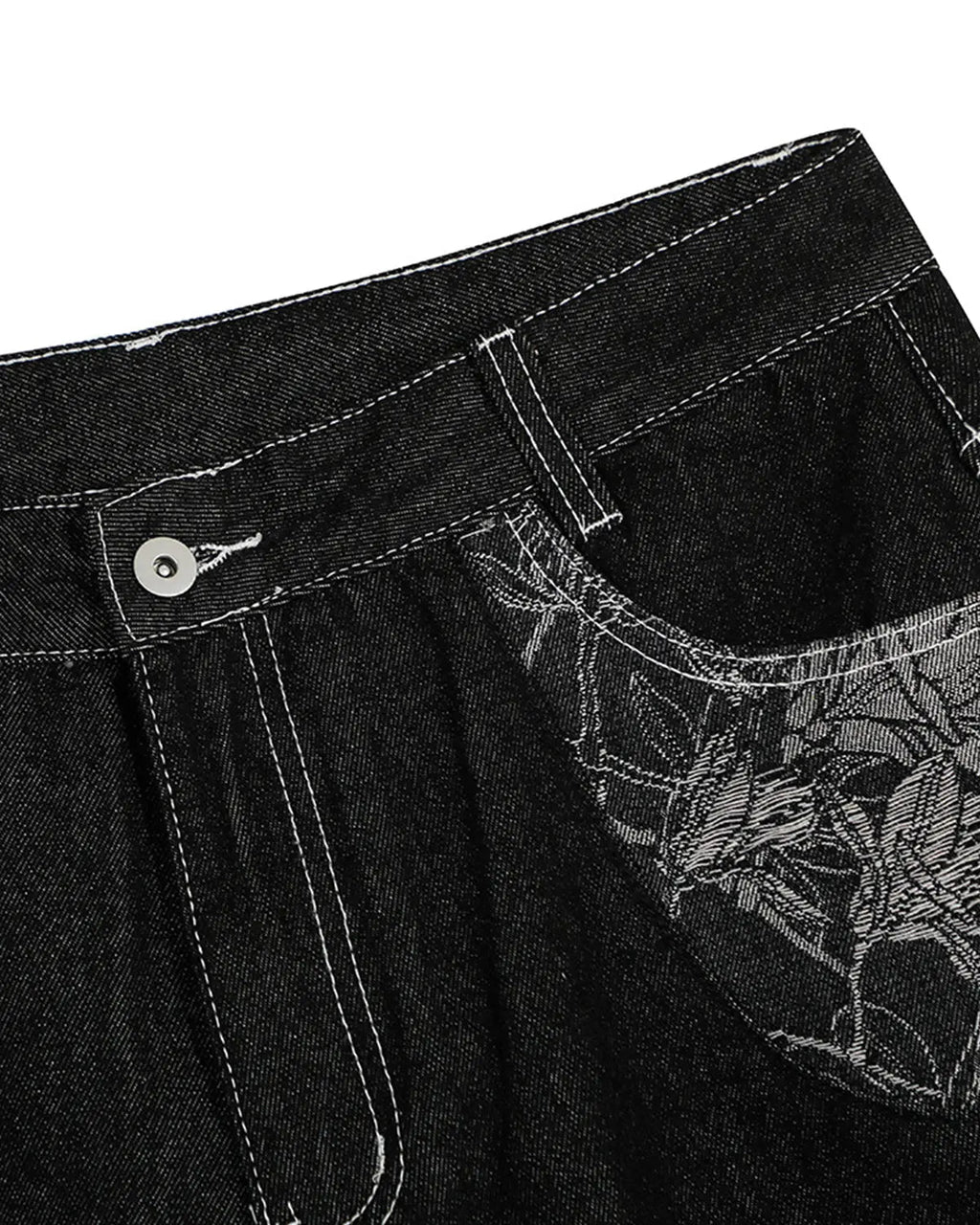 Baggy denim jorts with embroidered pocket from Inflation Streetwear, featuring relaxed fit and detailed stitched pocket design.