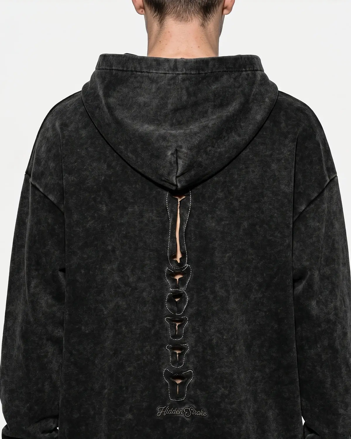 Distressed ribcage wash hoodie from INFLATION streetwear, featuring a faded, vintage look and comfortable fit.