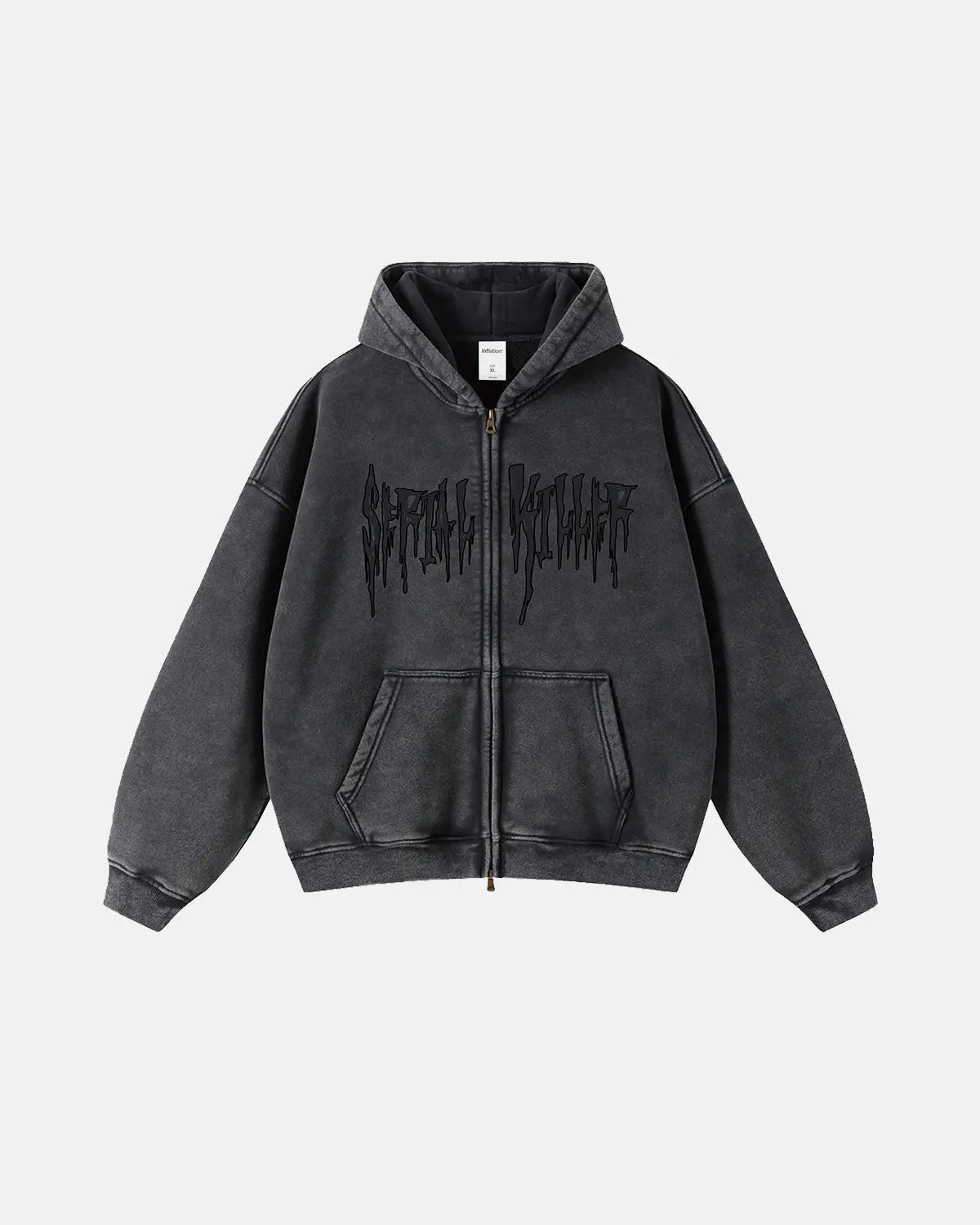 Gothic acid wash zip-up hoodie by INFLATION, featuring a dark distressed design and a front zipper, casual streetwear style.