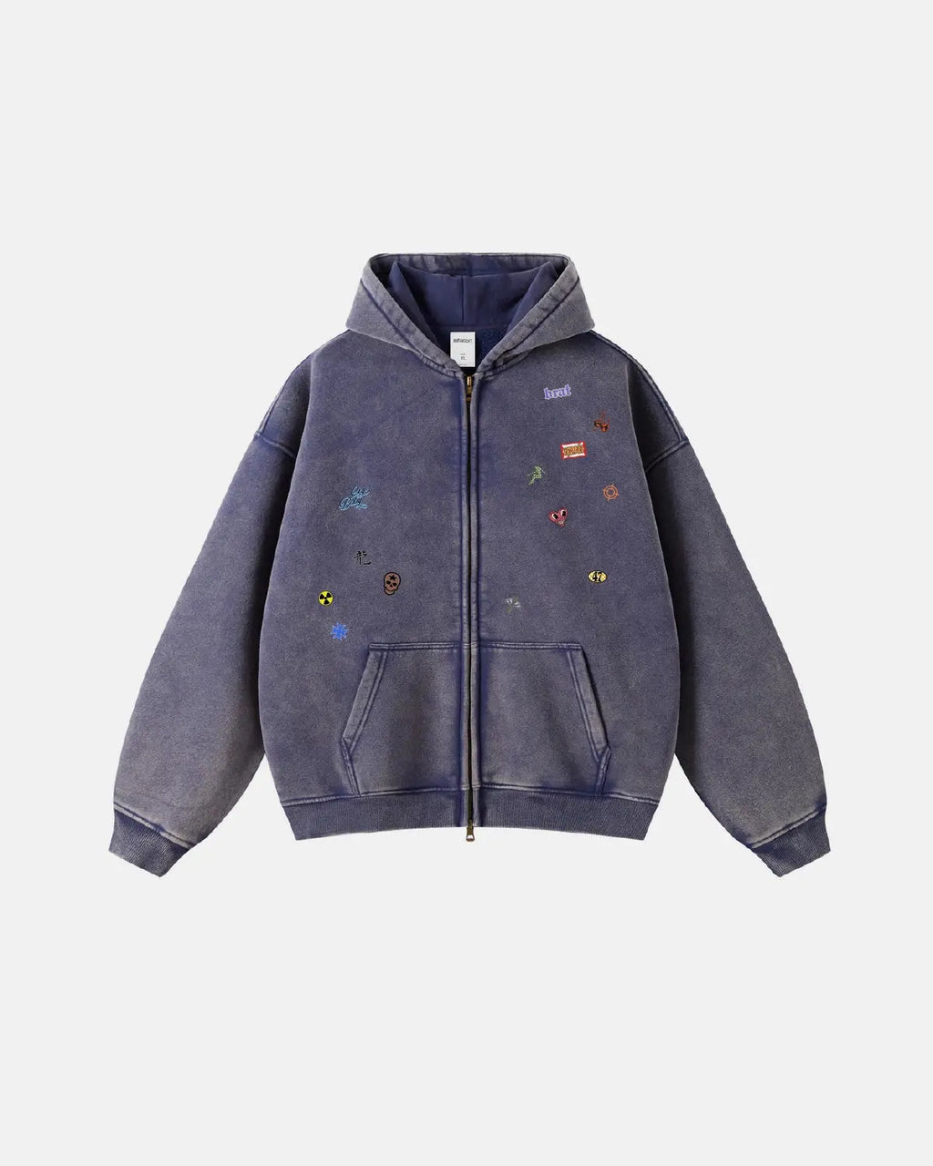 Inflation Streetwear distressed zip-up hoodie featuring humorous sticker designs and bold graphics on the front.