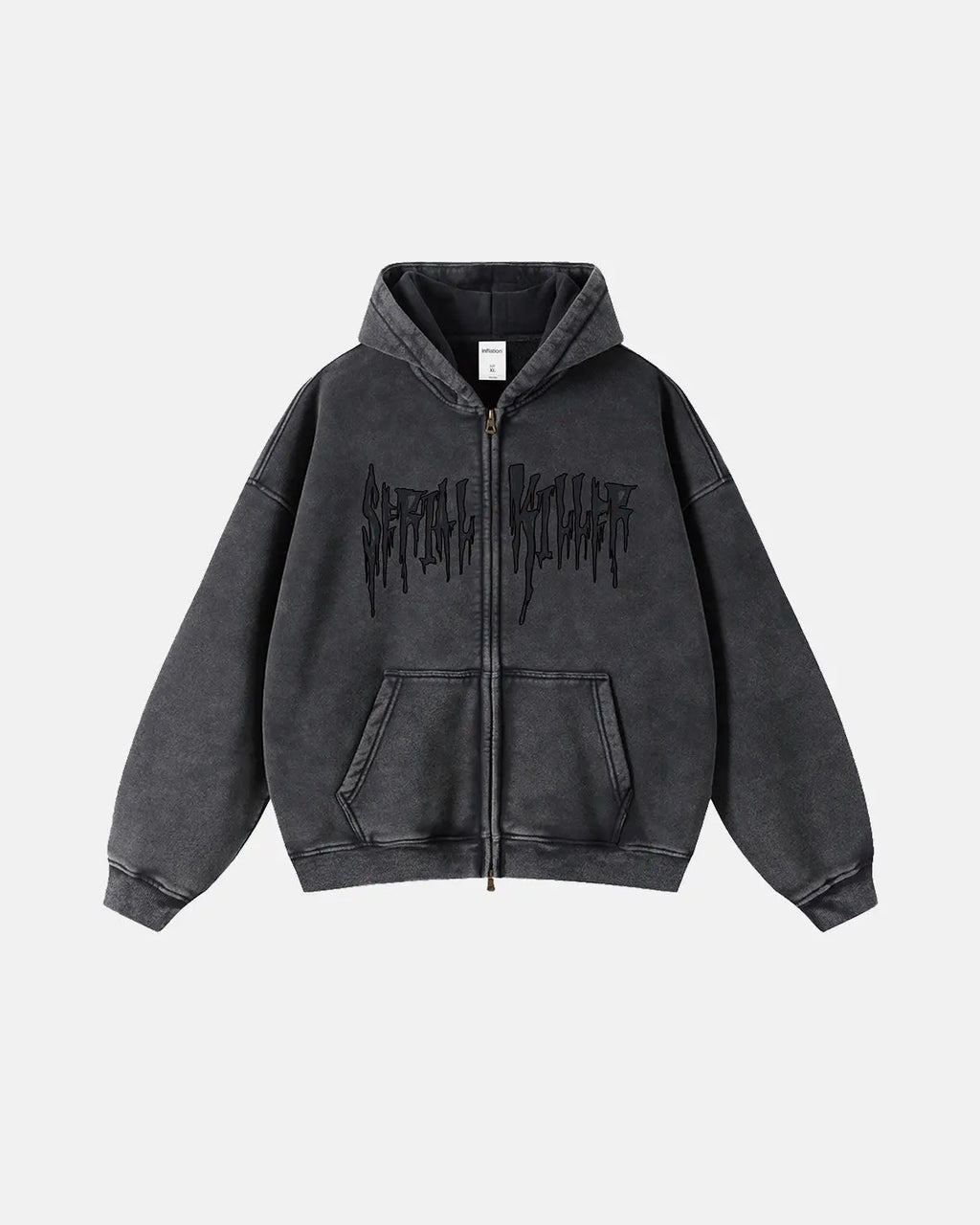Gothic acid wash zip-up hoodie by INFLATION Streetwear with a hood and zipper closure, featuring a dark, distressed style.