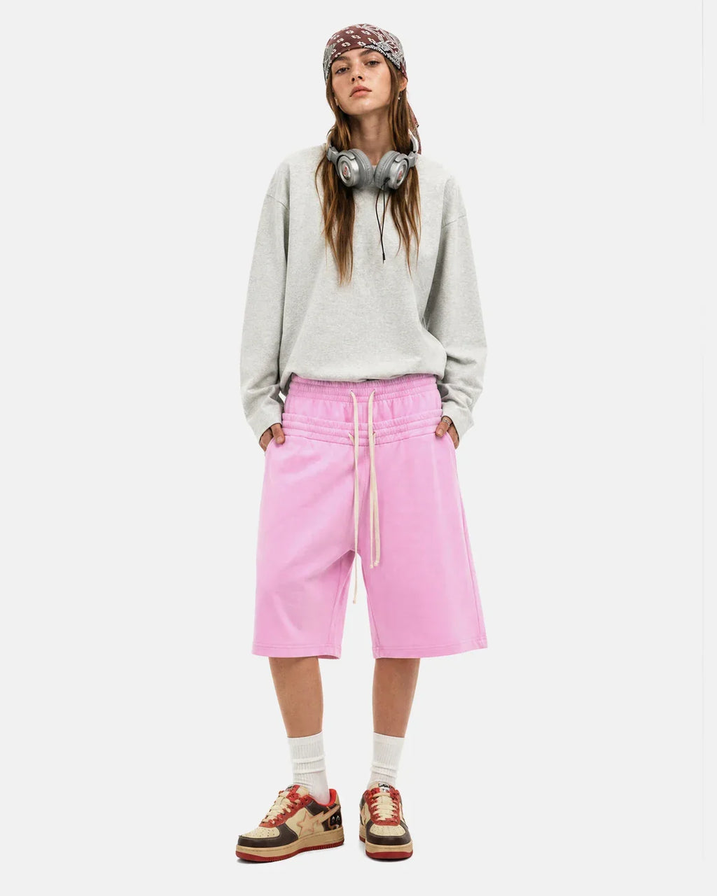 Inflation Double Waist Acid Wash Sweat Shorts with distressed design and relaxed fit, crafted for streetwear style.