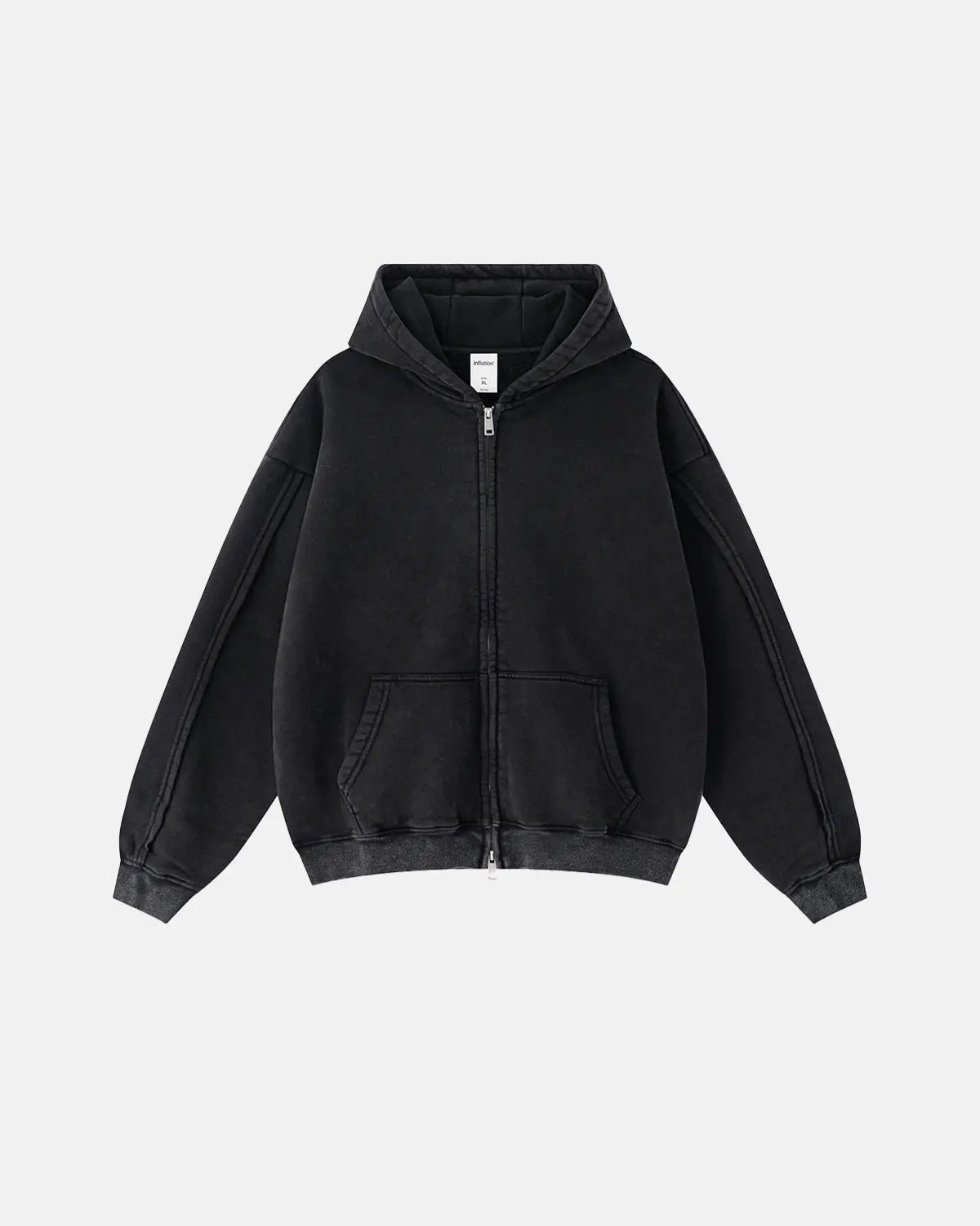 Washed raw edge boxy zip-up hoodie by INFLATION Streetwear, featuring a relaxed fit and raw hem, displayed on a mannequin.