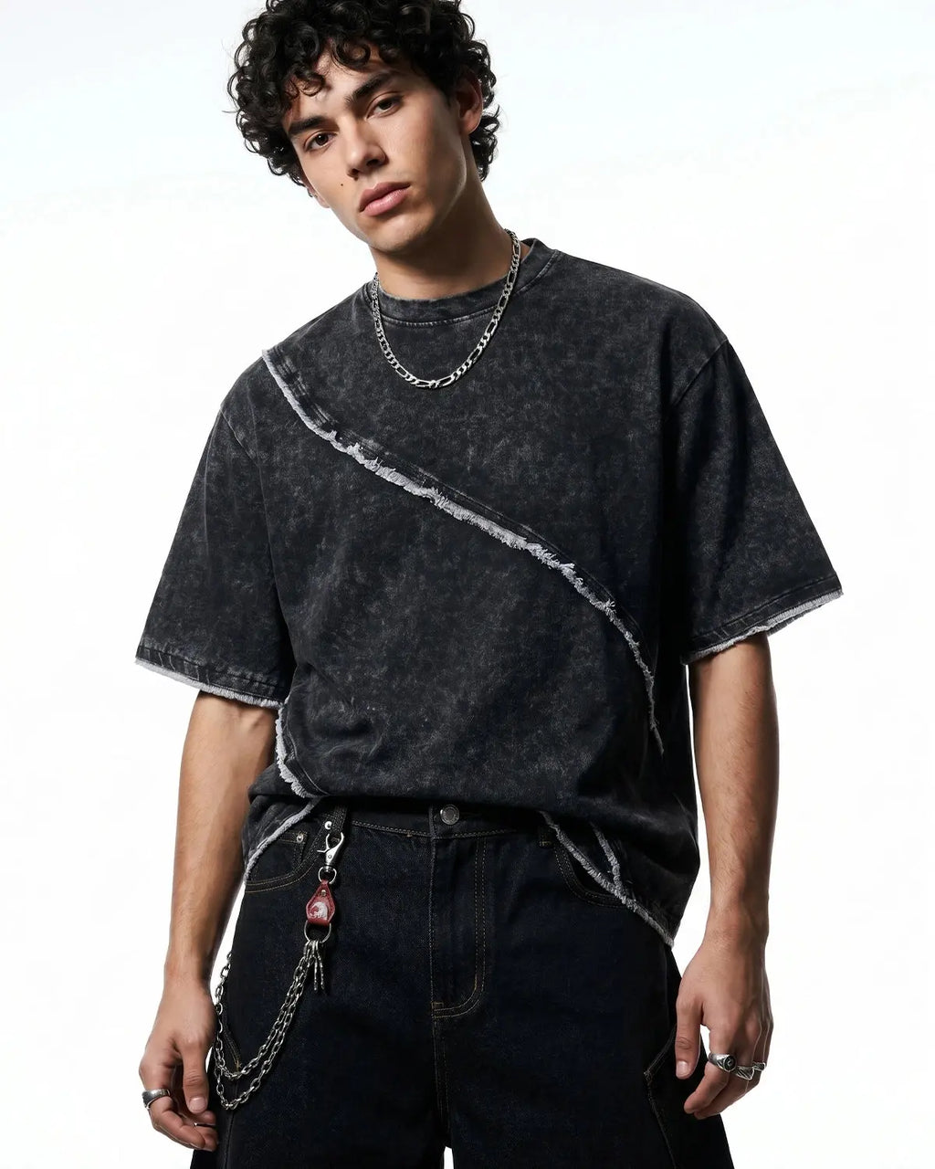 Raw edge deconstructed T-shirt by Inflation Streetwear, featuring distressed fabric and casual style, in a modern streetwear design.