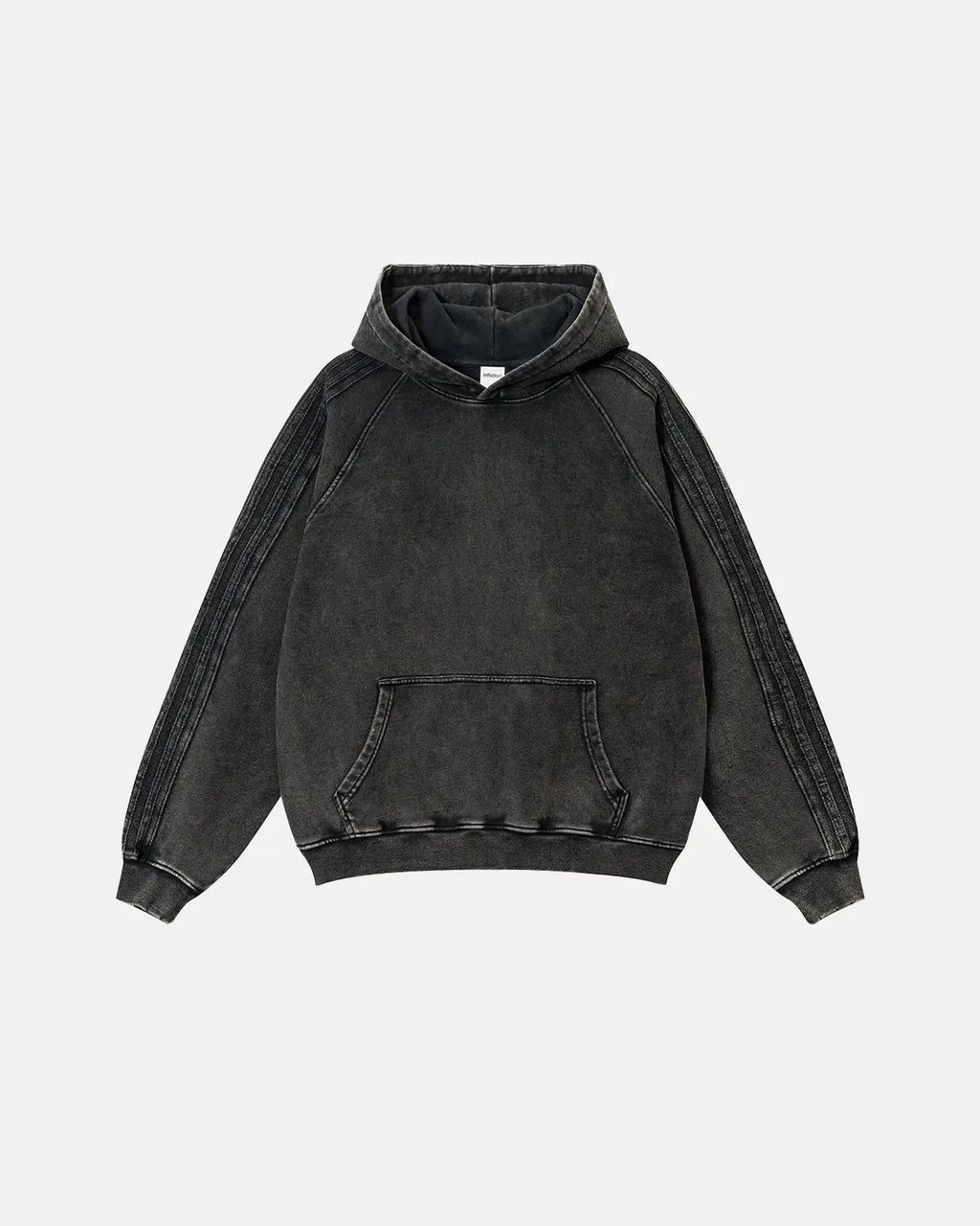 Inflation Streetwear frayed seam acid wash hoodie showing distressed details and relaxed fit in a casual streetwear style.