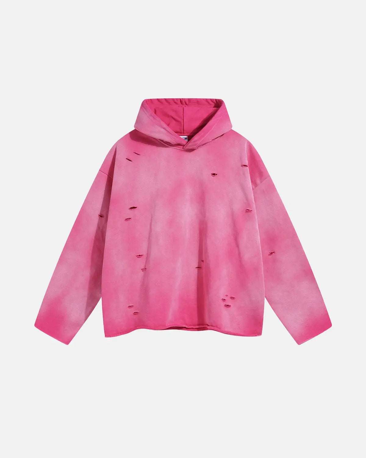 Inflation Acid Wash Ripped Boxy Hoodie showing distressed fabric, ripped details, and relaxed fit in a streetwear style.