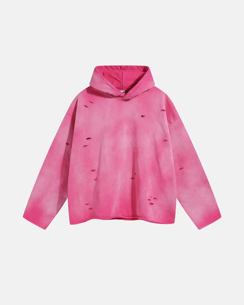 Acid wash ripped boxy hoodie by Inflation Streetwear with distressed details and relaxed fit, shown on a mannequin.