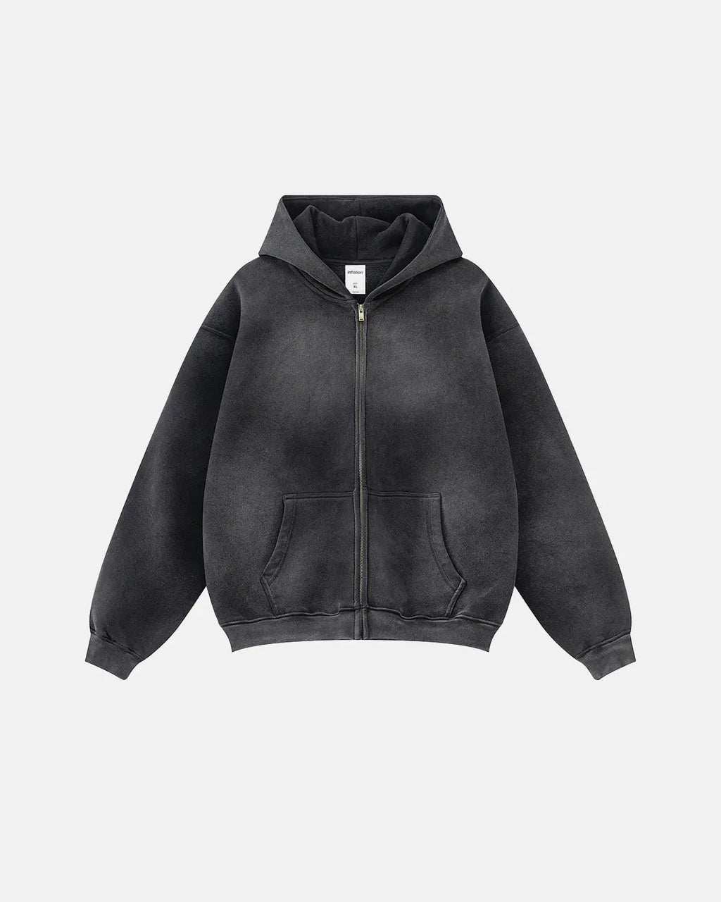 Acid washed zip-up hoodie by INFLATION Streetwear, featuring a relaxed fit and distressed fabric, displayed on a hanger.