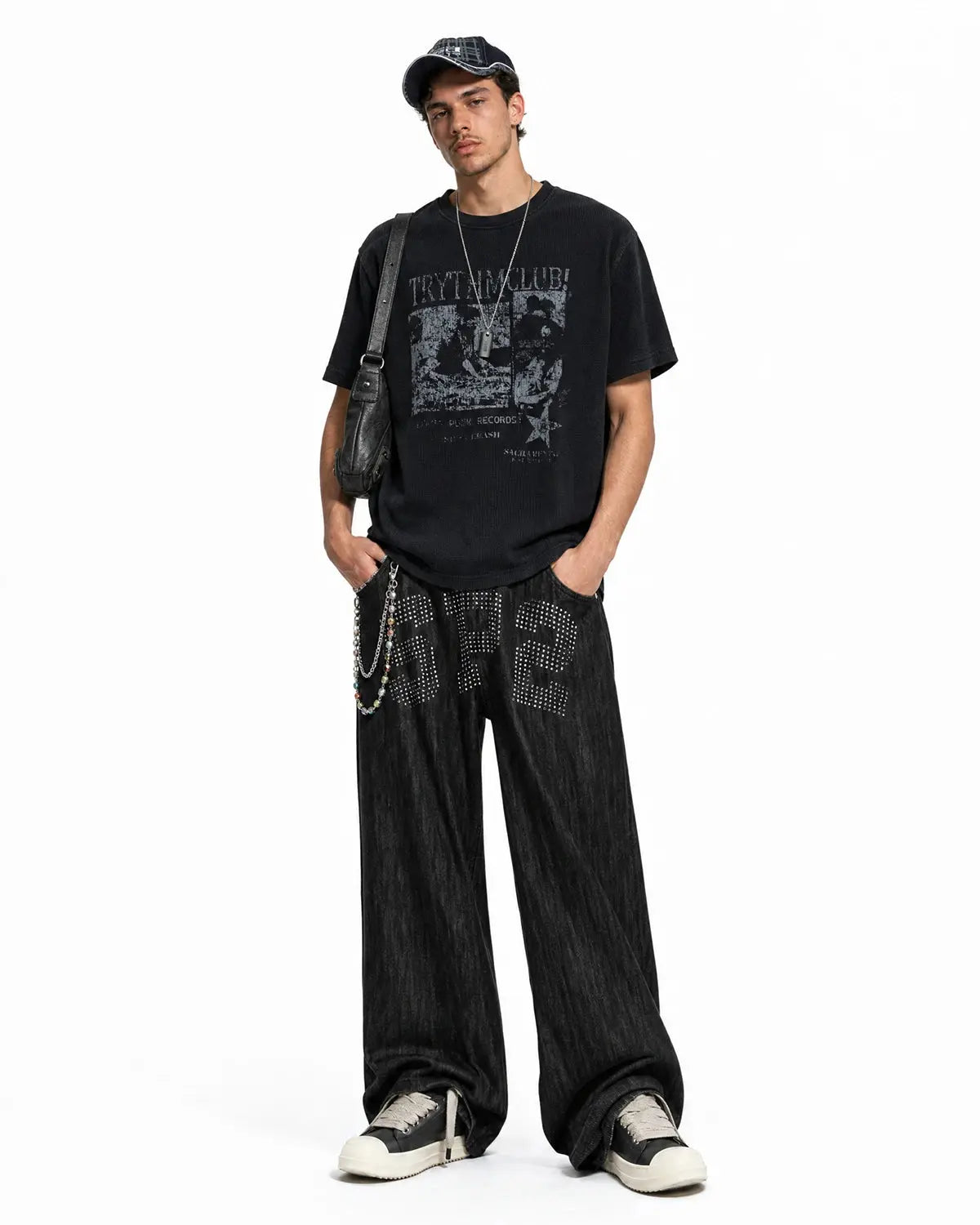 Inflation Streetwear distressed graphic waffle T-shirt featuring bold print and casual fit, made from soft, comfortable fabric.