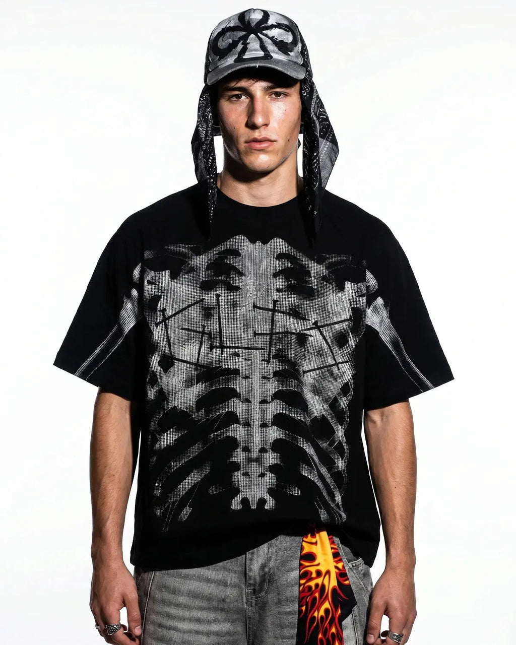 Pink X-ray skeleton graphic t-shirt by INFLATION featuring a boxy fit and edgy streetwear style.
