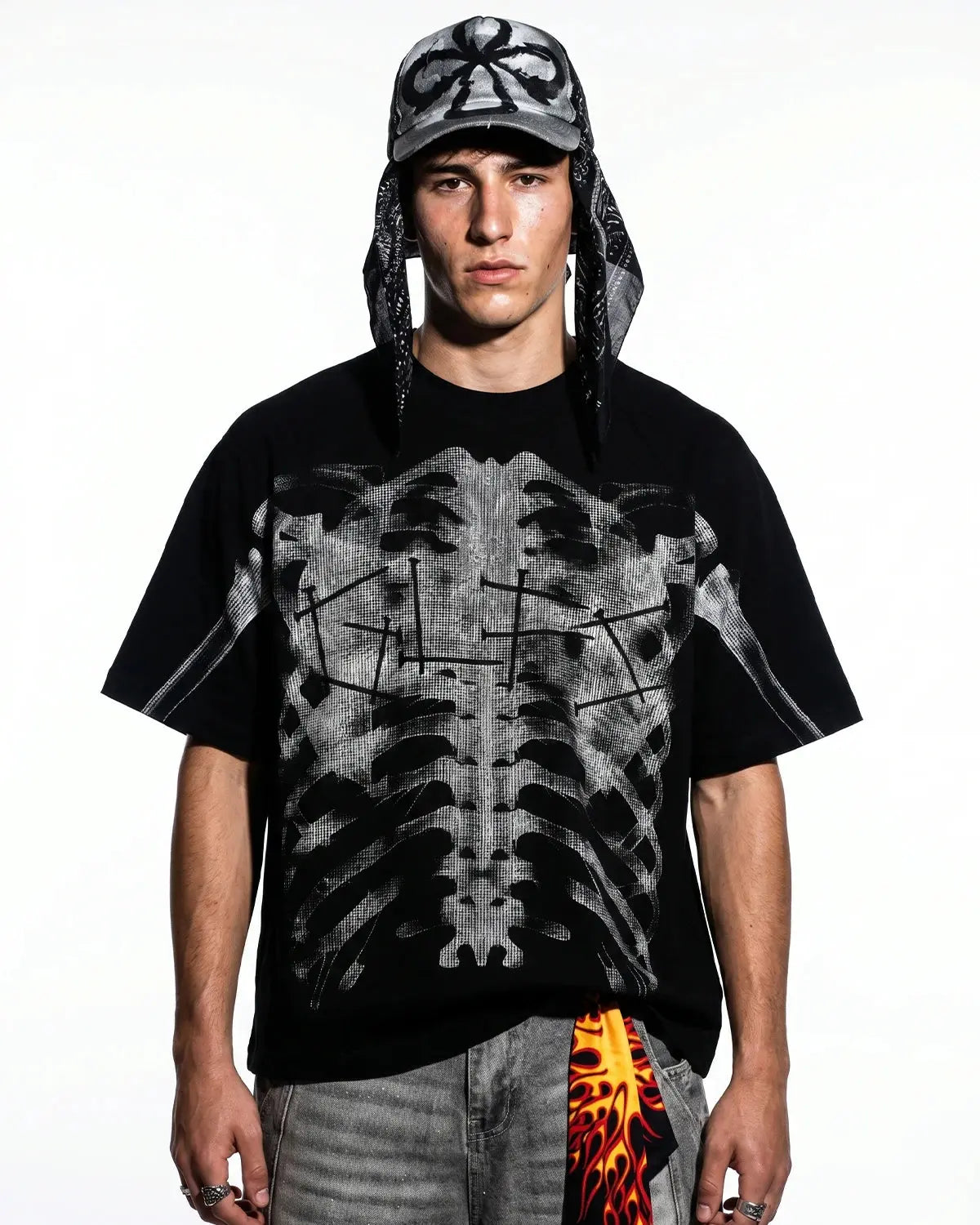 Pink X-ray skeleton graphic t-shirt by INFLATION featuring a boxy fit and edgy streetwear style.