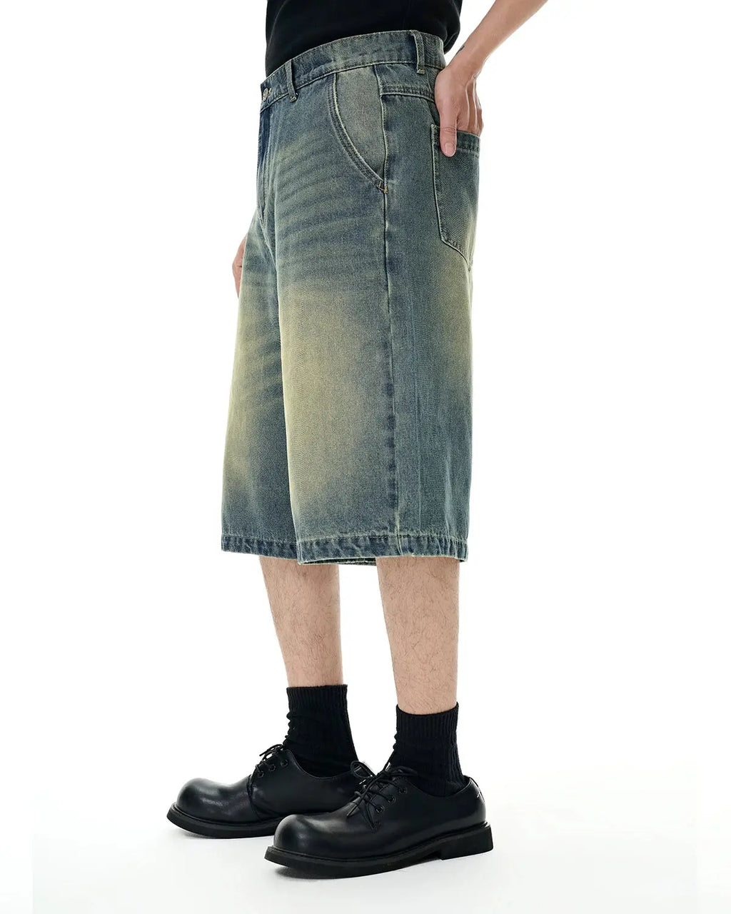 Retro washed denim shorts by INFLATION, casual jorts with distressed details, front pockets, and frayed hem for a vintage streetwear look.