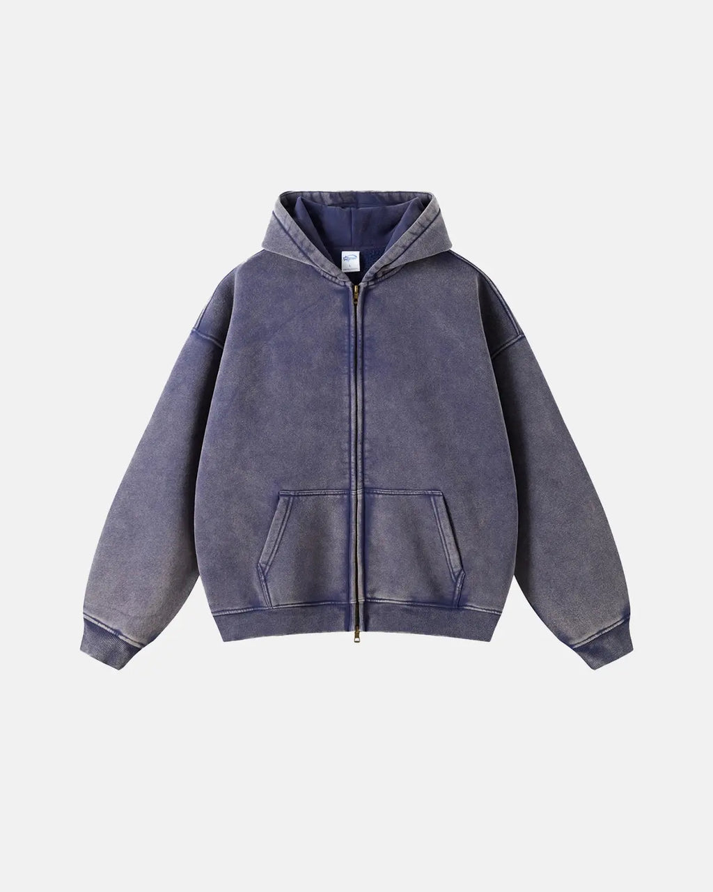 Inflation washed distressed fleece zip-up hoodie with a relaxed fit, featuring a hoodie and distressed details for casual style.