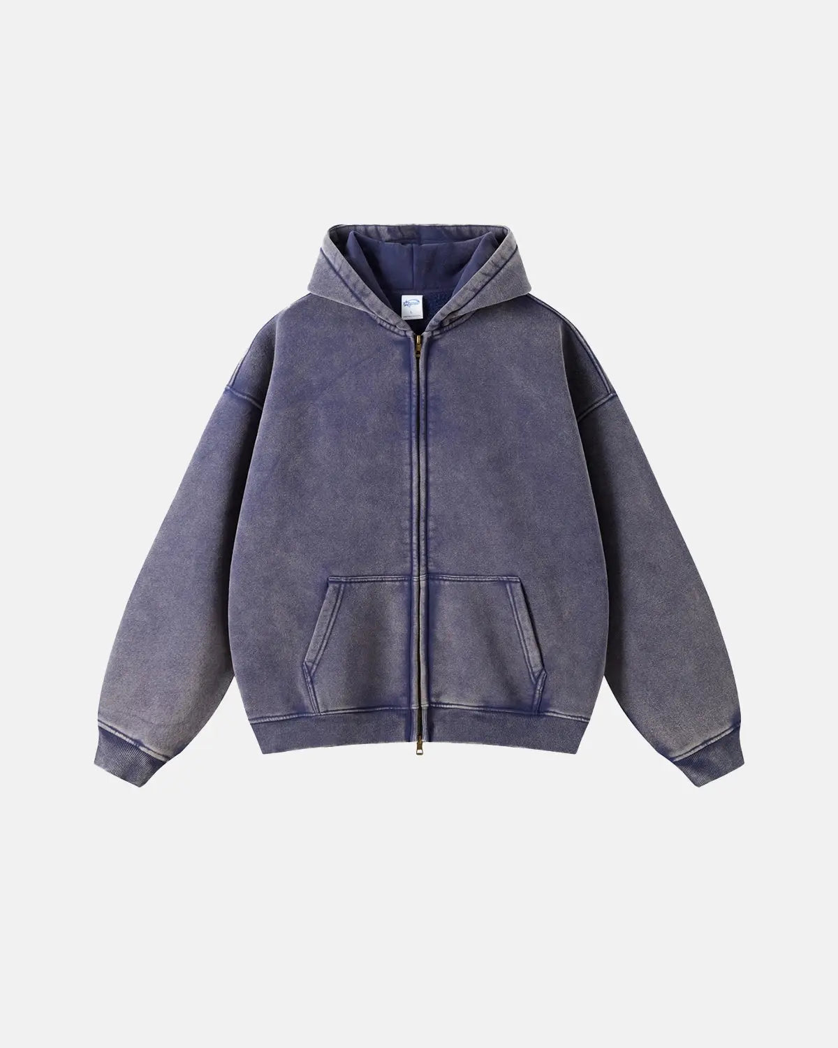 Inflation washed distressed fleece zip-up hoodie with a relaxed fit, featuring a hoodie and distressed details for casual style.