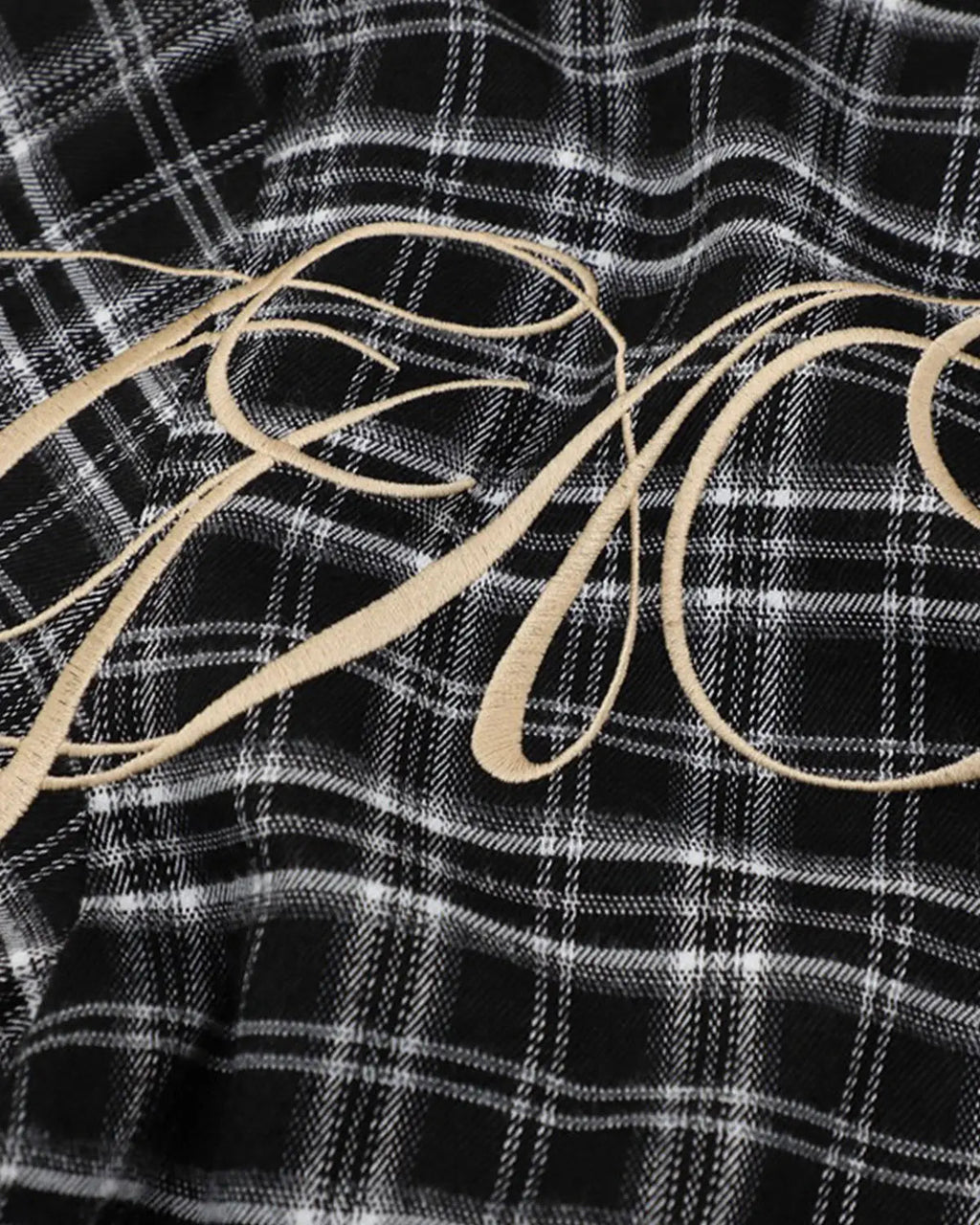 Inflation Streetwear lettering embroidery plaid shirt with button-up front and long sleeves, casual streetwear style.