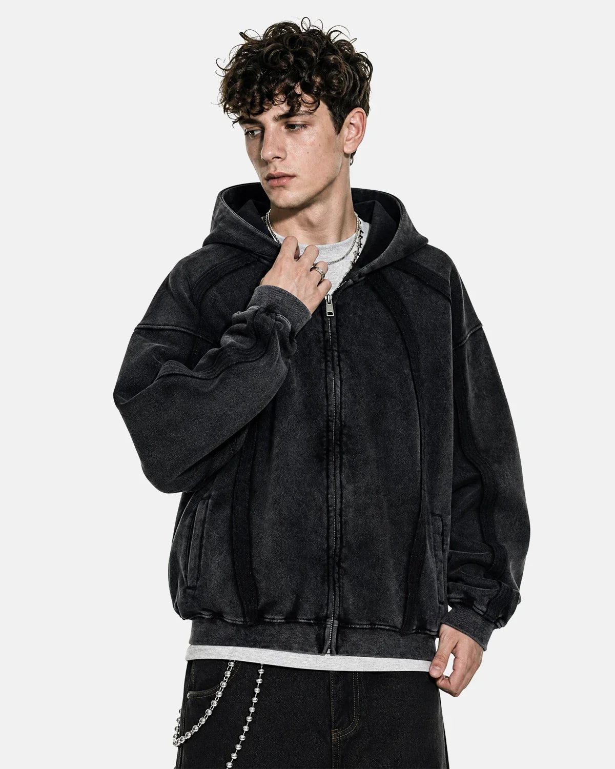 Inflation Streetwear snow washed raw edge boxy zip-up hoodie, casual fit, front zipper, soft fabric, minimalist design.
